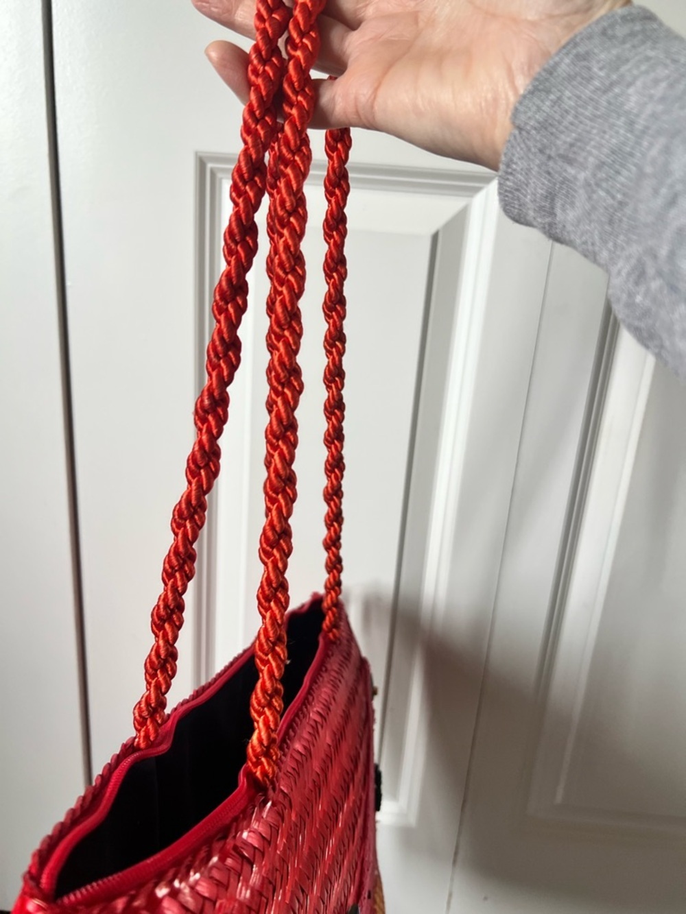 Vintage Red Woven Tote Bag with Decorative Fish and Shell Accents by Oggi Domani - Picture 9 of 14